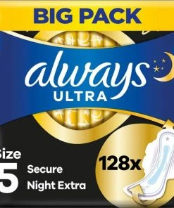 Goedkoopste 🤩 Always Ultra Secure Night Met Vleugels - Voordeelverpakking 128 Stuks - Maandverband 😉
