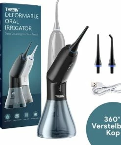 Nieuw 😉 Trebin Waterflosser Draadloos - 360° Verstelbare Kop - Waterpik - Elektrisch - Oplaadbaar - Flosapparaat - Monddouche - 4 Standen - 3 Opzetstukken - 260 Ml Tank - Zwart ✔️